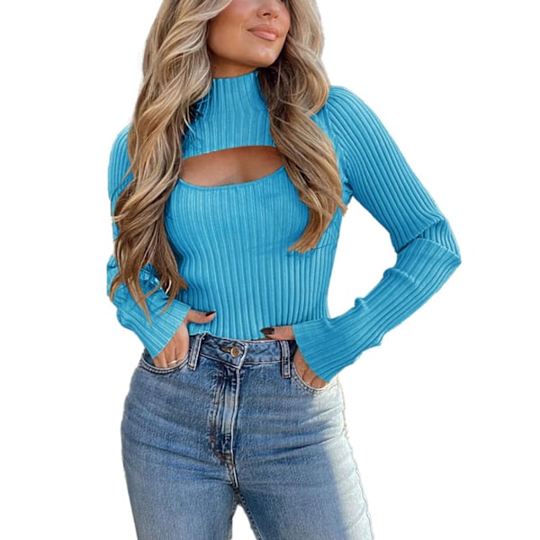 Dam 2-delad Utskuret Topp Långärmad Mock Neck Ribbstickad Vintertröja Blue M