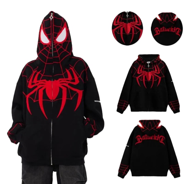 Män Spider Graphic Full Zip Up Huvtröja Långärmad tröja black S