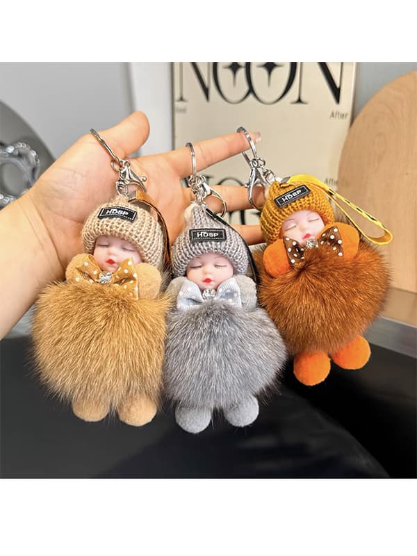 Pompom Sovande Baby Nyckelring Fluffig Plyschdocka Väskberlock gray