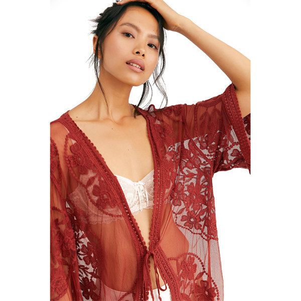 Kvinnors spets Cardigan Blommig Beach Cover Ups red