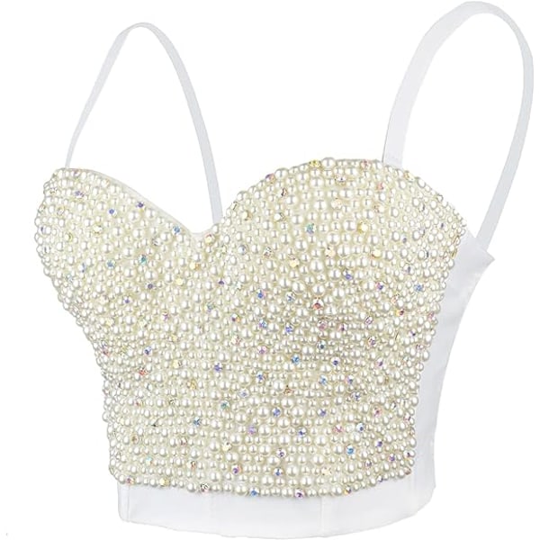 Seksikäs helmi- ja strassinen bustier-top White 38c