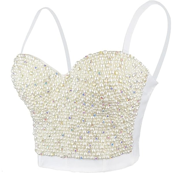 Sexy Perlebesat Rhinestone Bustier Crop Top White 36b