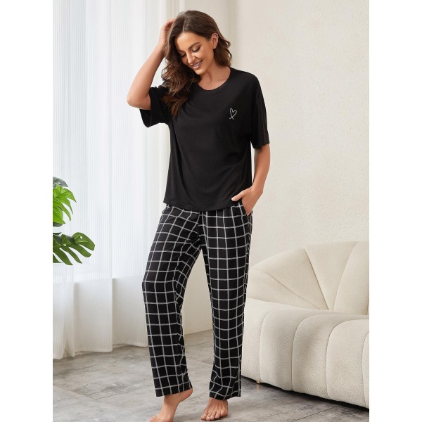 Dame Bomuld Linned Lounge Sæt Kortærmet Top Pyjamas Bred Loungewear Black M