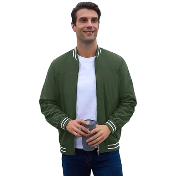 Hettegenser for menn i ensfarget casual-stil med striper og glidelås Green M
