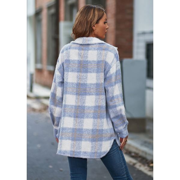 Dametøj Langærmet Casual Plaid Shacket Jakker Skjorter Lapel Tweed Peacoat Light Blue L