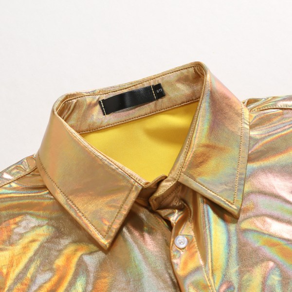 Mænds Metallic Disco Skinnende Slim Fit Langærmet Knapløs Natklubskjorte Gold M