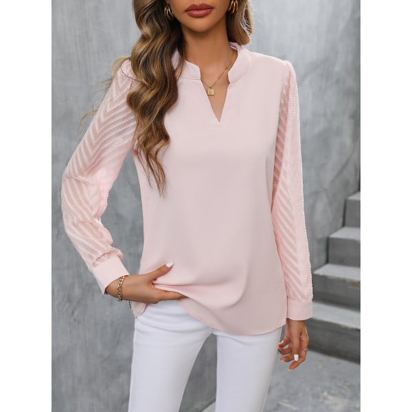 Kvinner Chiffon Bluser med Lange Ermer V-Hals Casual Skjorter Pink M