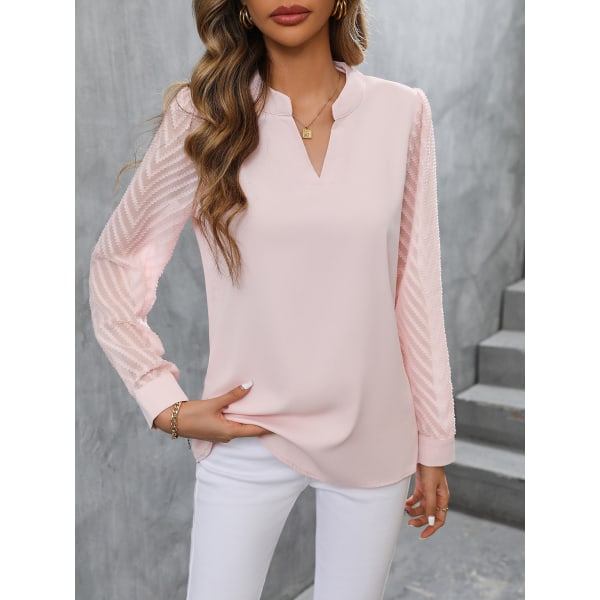 Långärmade chiffongblusar för damer med V-ringad klassiska skjortor Pink XL
