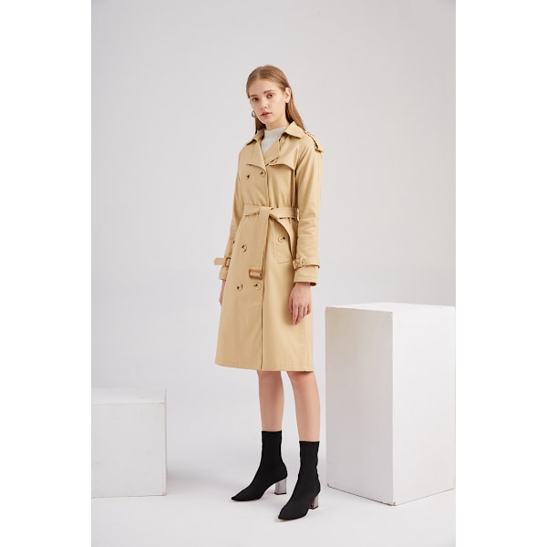 Dame Trenchcoat Lang Dobbeltbrystet Efterårsmode Klassisk Lapel Slank Overfrakke khaki M