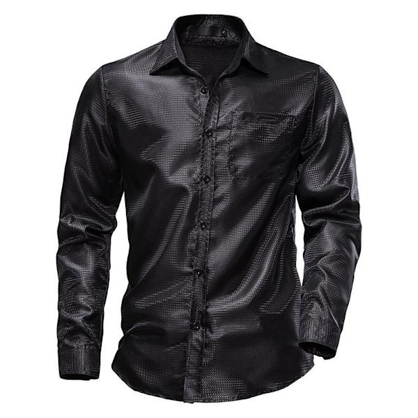 Menn's Glossy Lomme Langærmet Lapel Trykket Skjorte Black M