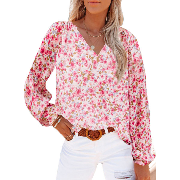 Kvindes Casual Boho Blomsterprint V-hals Langærmet T-shirt Bluser pink 2XL