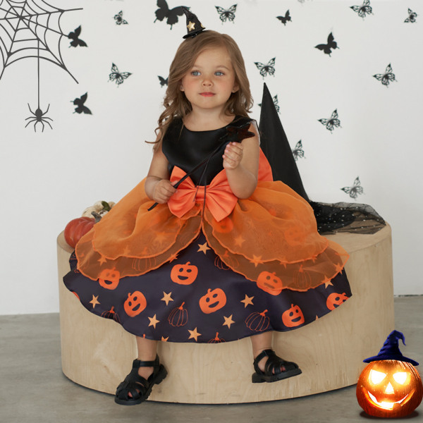 Baby Pige Halloween Græskar Print Tutu Bueslips Kjole 90cm