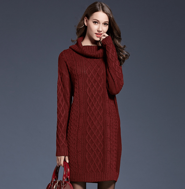Dam lång slimmad klänning Bodycon Stickad tröja red S
