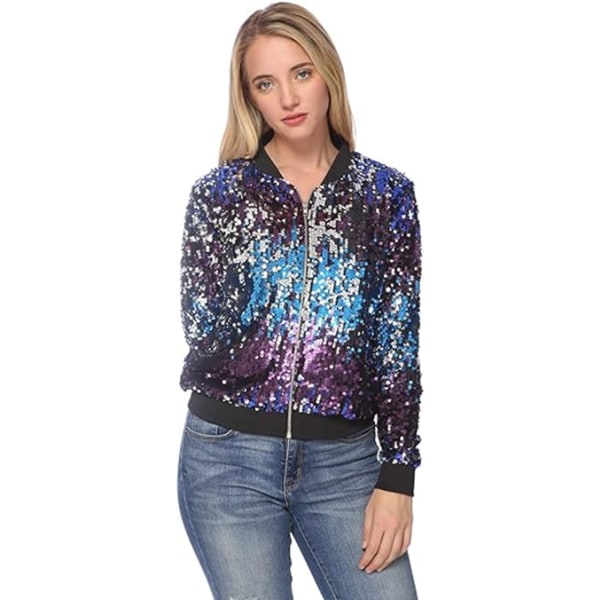 Kvinners Sequin Fitted Lang Ermet Glidelås Blazer Bomberjakke Blue L