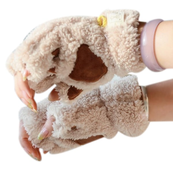 Cat Claw Paw Winter Plysch Half Finger Handskar Vante beige