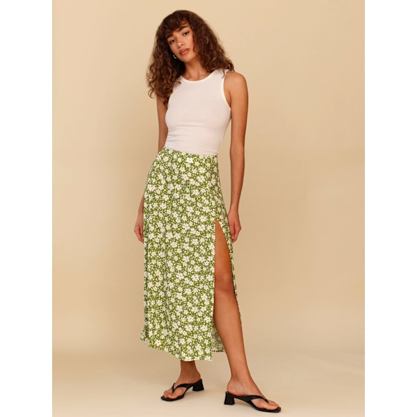 Sommarflödande midikjolar med slits för damer, ledig blommig kjol med hög midja green XL