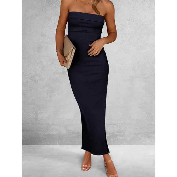 Sommerkjole for kvinner, Bodycon Maxi Tubekjole, Ribbet Stroppeløs Kjole med Side Split black M