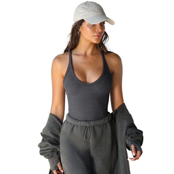 V-ringad racerback-linne för kvinnor, ribbat långt linne Dark Grey L