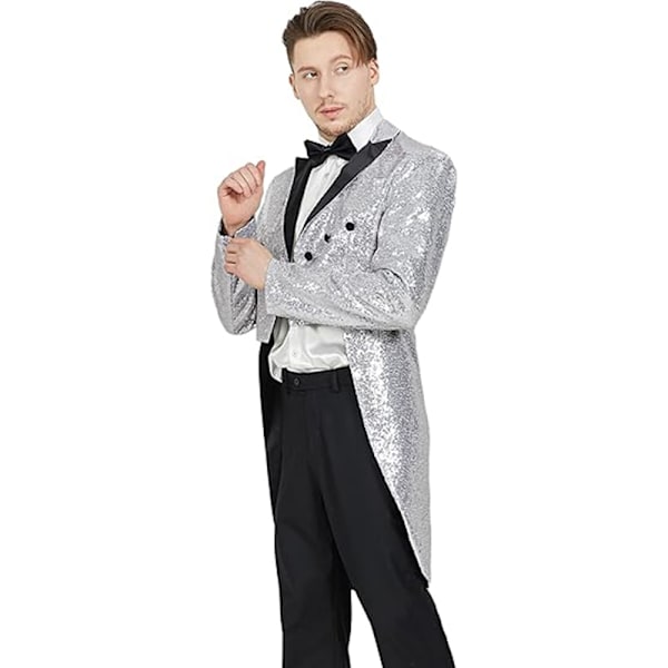 Herrar Sekven Tuxedo Jacka Svansar Slim Fit Frack Klänning Jacka Silver 2XL