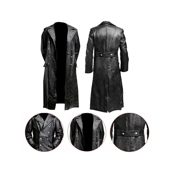 Mænds Læder Trenchcoat Fuld Længde Vintage Kunstlæderjakke Brown M