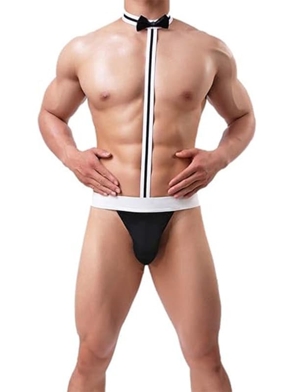 Miesten tarjoilijan cosplay-solmiobodystringit Black