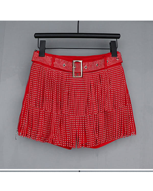 Dam Sparkle Rhinestone Franskjol Elastiskt Midjeband Kort Mini Klänning Red M