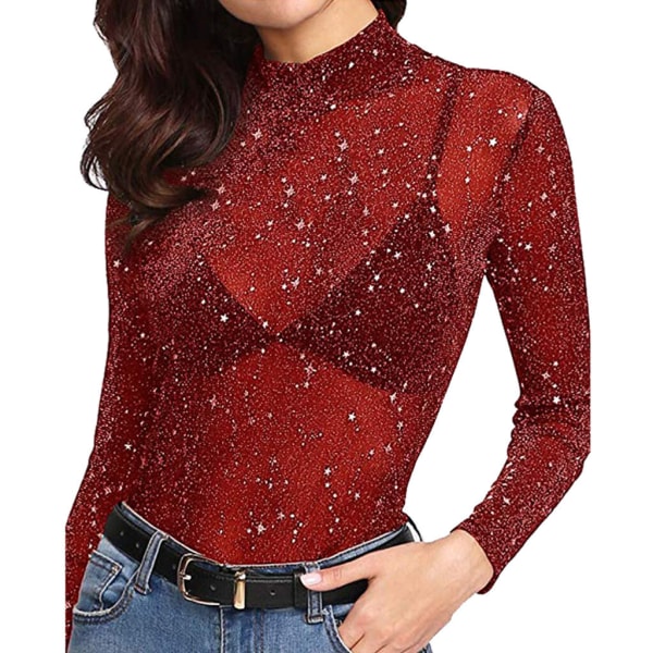 Kvinnors långärmade kort glitter skira mesh toppar Red S