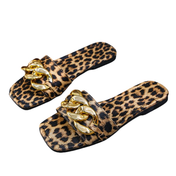 Kvinnor Open Square Toe metallkedja Leopard tofflor 38