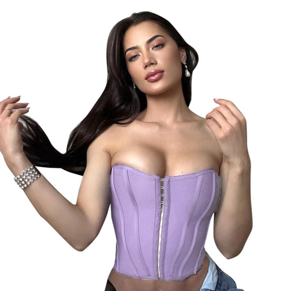 Dam Mesh Bustier Axelbandslös Öppen rygg Crop Top Purple L