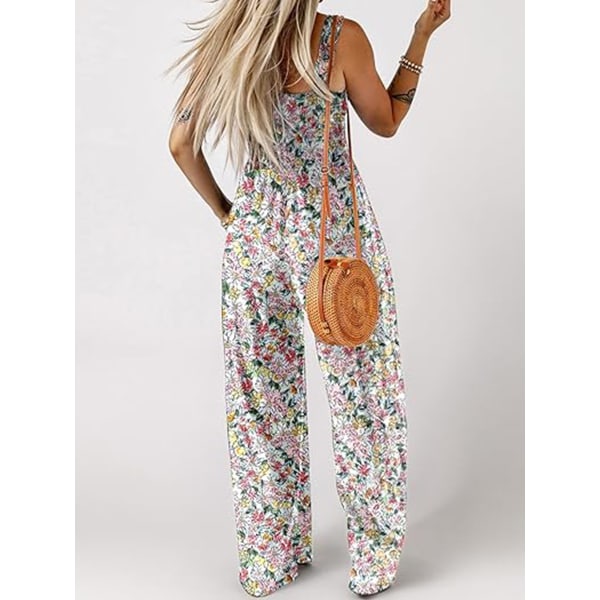 Dame Casual Løse Overalls Jumpsuits En-delt Ermeløs Trykt Vid Benbukse white M
