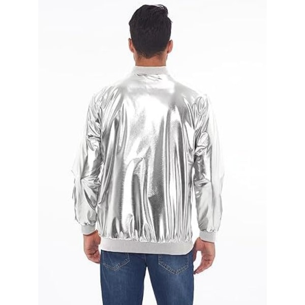 Mænds Metallic Jakke 70'er Disco Julefest Varsity Jakke Silver XS