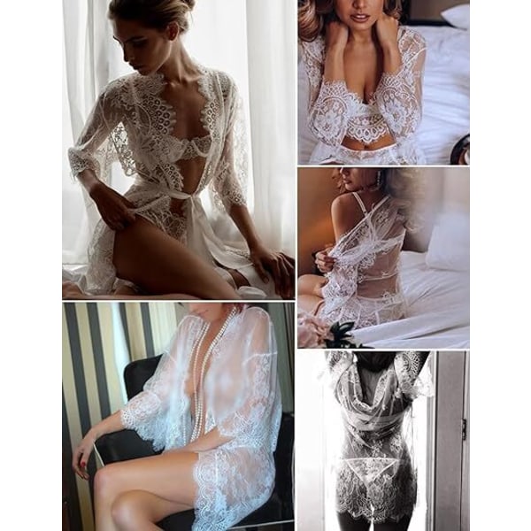 Damspets Kimono Robe Babydoll Underkläder Mesh Nattlinne White 2XL