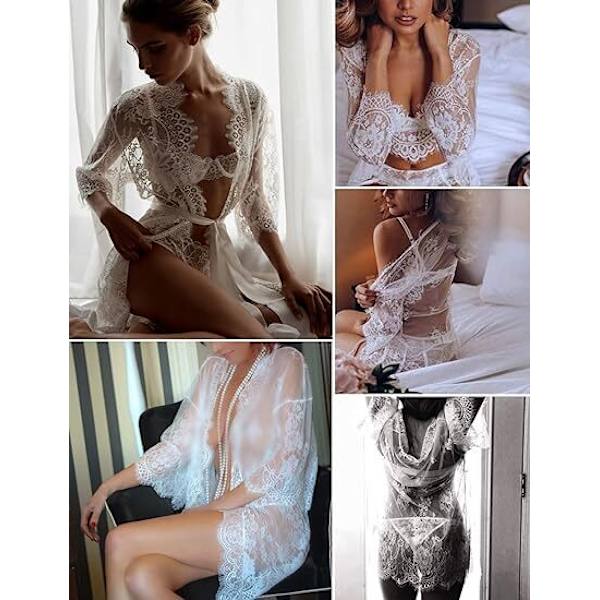 Kvinners Blonder Kimono-Kåpe Babydoll Lingeri Mesh Nattkjole White 2XL