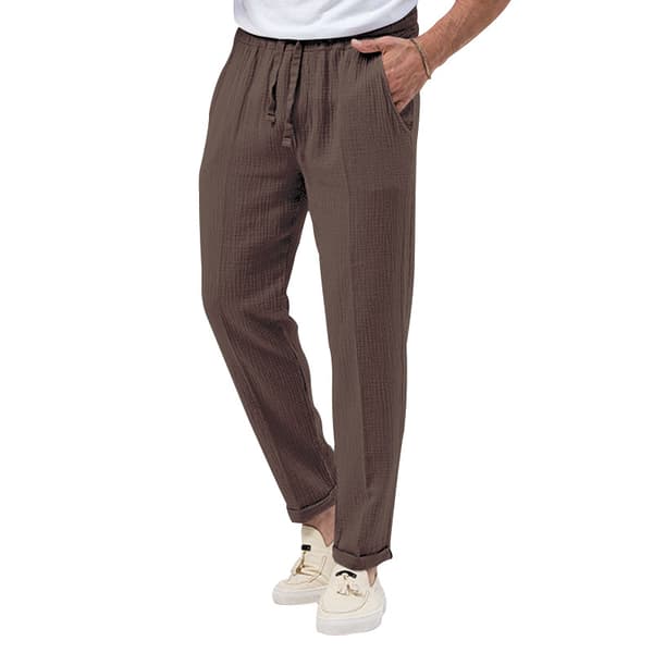Herr Bomull Linne Byxor Elastiska Dragsko Midja Strandbyxor Brown 2XL