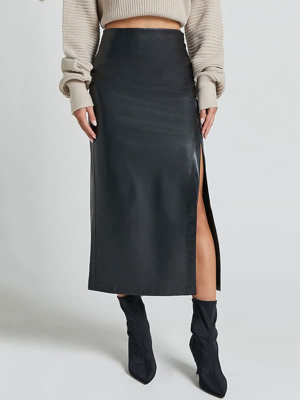 Højtaljet Split Lår Lang Pu Læder Bodycon Skørt til Kvinder Black M