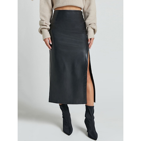 Kvinnors Högmidjade Split Thigh Lång Pu Läder Bodycon Kjol Brown M