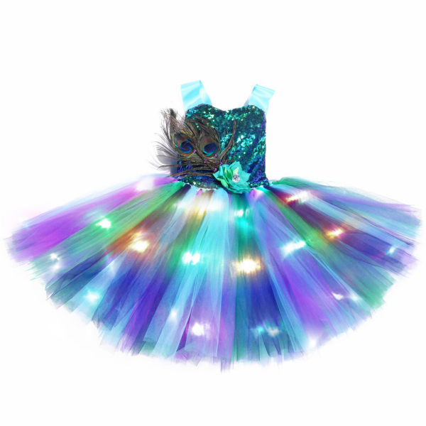 Flickor Påfågel Kostym Set Led Light Up Peacock Tutu Klänning XL