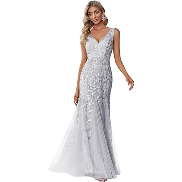 Kvinnors Sekvensdress med Dubbel V-ringning, Ärmlös, Mermaid-Silhuett, Lång Kvällsdress white 2XL