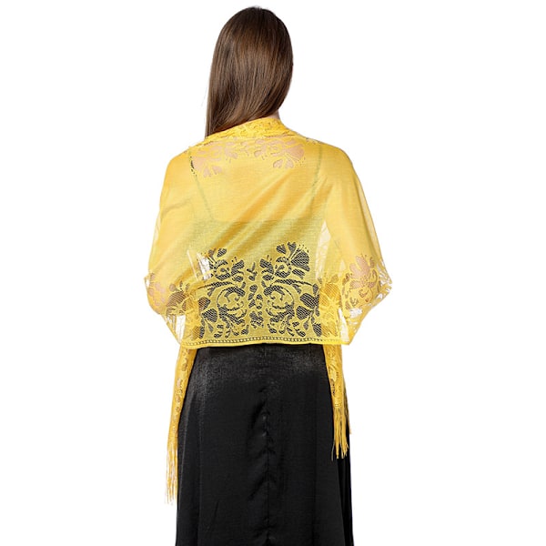 Blomstret blonde tørklæde sjal til kvinder med kvaster, bløde mesh frynse wraps til bryllups aftenkjoler yellow
