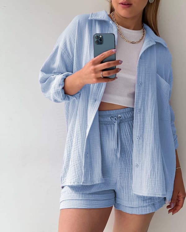Dam 2-delad byxa set Linne Shirtort set Light Blue S