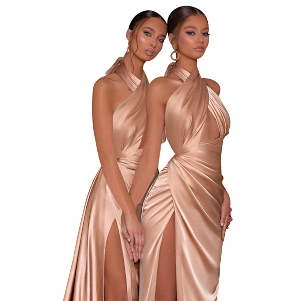 Kvinnors Halterneck Ärmlös Sexig Split Cocktail Party Midi Klänning champagne L