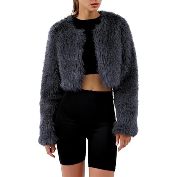 Kvinnors Mode Klippt Konstpälsjacka Långärmad Öppen Fram Kort Kavaj Dark Grey M