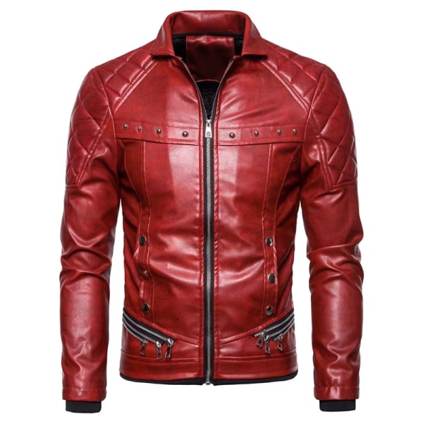 Jacka med dragkedja för män Avtagbar pälskrage, Vintage Steam Punk Retro Coat läder Red M