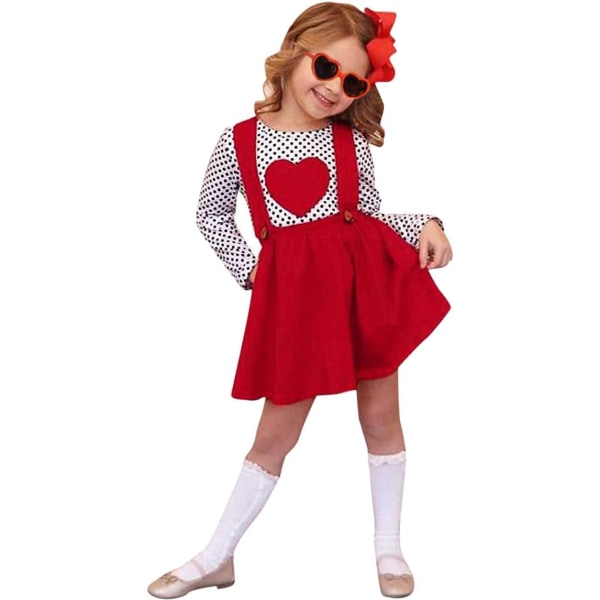 Toddler Baby Girl Alla hjärtans dag Outfit Skjorta Topp + hängselrem Röda kjolar 90cm