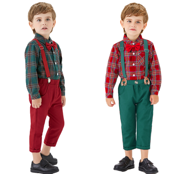 Pojkar Jul Långärmad fluga skjortor Barn Gentleman Kläder Set Green 130cm