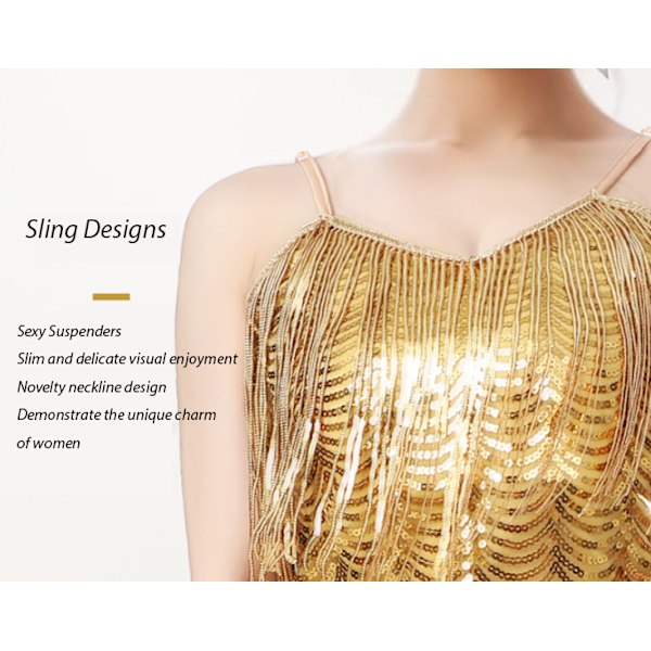 Dam Latin Dans Franskjol Klänning Party Kostym Paljett Sexig Linje Kostym Gold XL