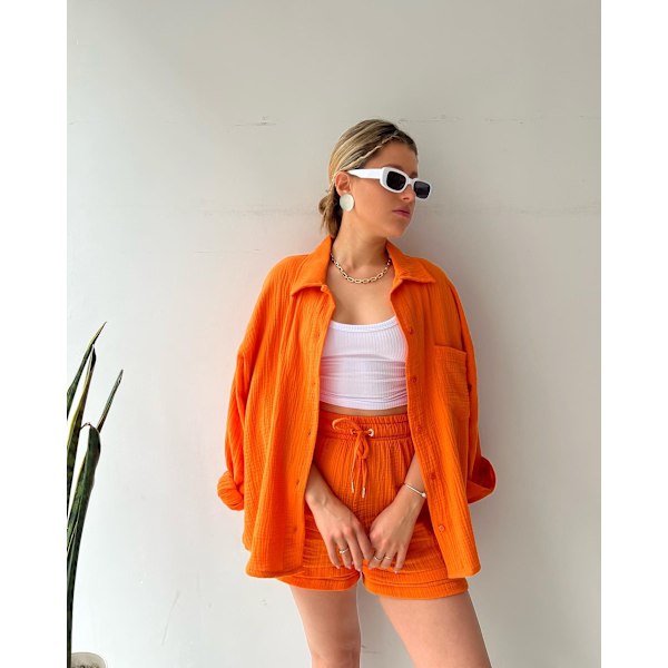 Dam 2-delad byxa set Linne Shirtort set Orange L