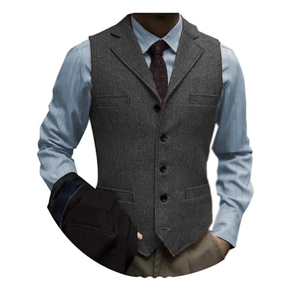 Herre Tweed Dress Vintage Vest Sildebensmønstret Ull Prom Vest Dark Grey M