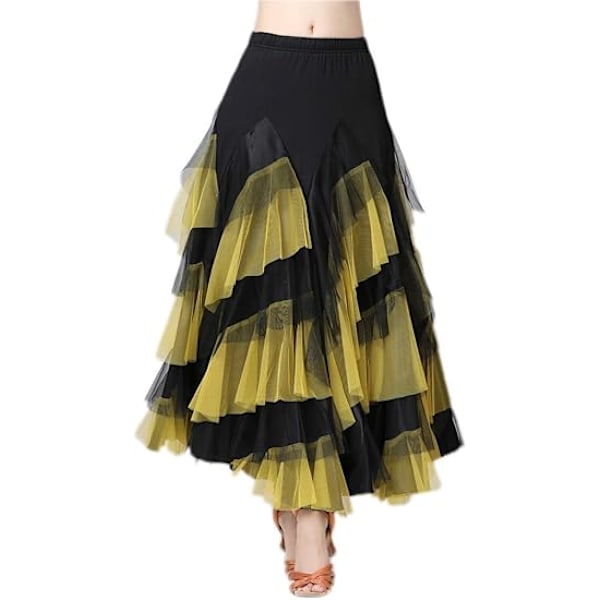 Ballroom Latin Dansfestklänning Lång Svingande Lagrad Kjol för Kvinnor Black+Yellow
