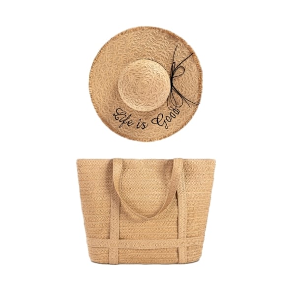 Stråväska för damer, vävd strandväska och hattset apricot